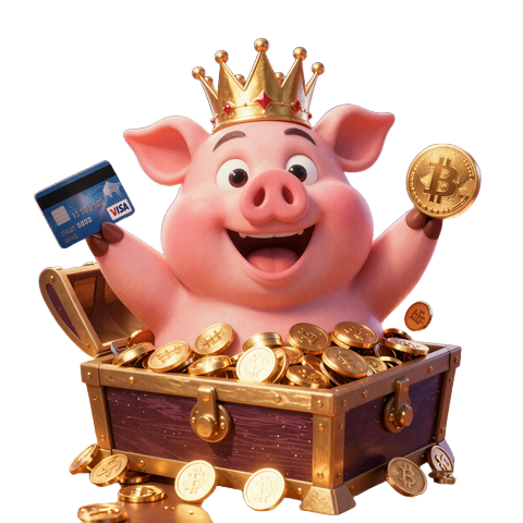 Buzzer das Casino-Schwein mit Goldkrone taucht in einen Goldm&uuml;nzenschatz mit Zahlungskarten - CrazyBuzzer Casino Einzahlung