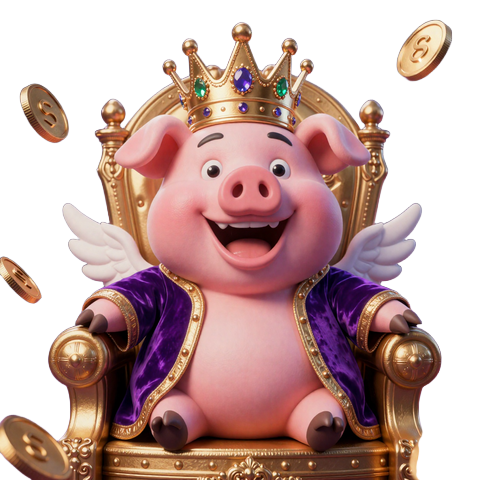 Buzzer - verr&uuml;cktes rosa Schwein mit Goldkrone auf dem Thron, Maskot des CrazyBuzzer Casinos