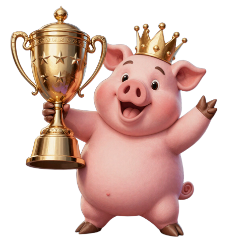 Buzzer das Casino-Maskot-Schwein mit Goldkrone h&auml;lt stolz die Bewertungstroph&auml;e - CrazyBuzzer Casino Test 2026