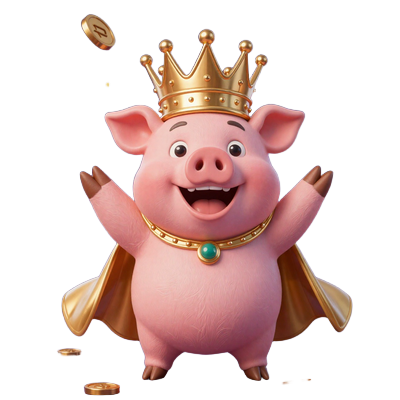 Buzzer das Casino-Schwein in k&ouml;niglichem Ornat umgeben von Bonusangeboten und goldenen M&uuml;nzen