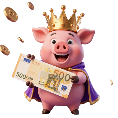 Buzzer das Casino-Schwein mit Goldkrone h&auml;lt einen riesigen Bonuscheck &uuml;ber 500&euro; - CrazyBuzzer Casino Willkommensbonus
