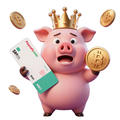Buzzer das Casino-Schwein h&auml;lt freudig eine Paysafecard und Bitcoin-M&uuml;nze - Zahlungsoptionen bei CrazyBuzzer Casino